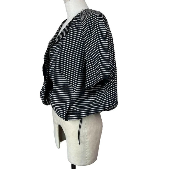 Akris Punto Top Blouse Short Sleeve Cinched Bungee Striped Black Gold Size US 12 - Picture 6 of 11